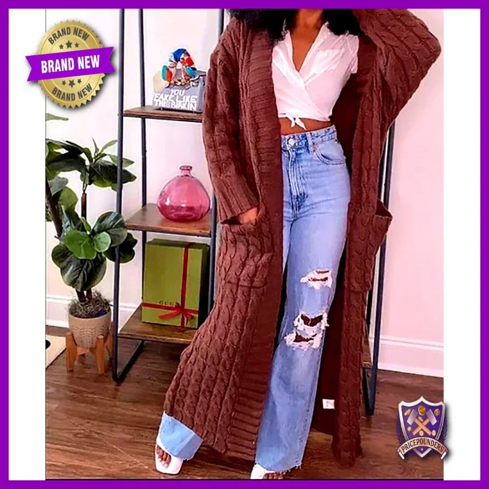 Chunky Cable Knit Cardigan with Pockets, Maxi Length, Oversized Fit - Picture 7 of 7